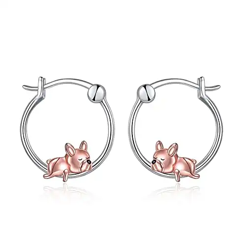 VONALA French Bulldog Hoop Earrings 925 Sterling Silver Cute Pug Dog Circle Jewelry Gifts for Women Girls (Rose gold)