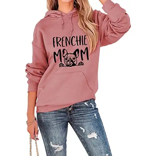Shemiun Frenchie Mom Hoodie Tops Womens Cute French Bulldog Graphic Hooded Sweatshirt Casual Dog Mama Hoody Pullovers (Pink,M)