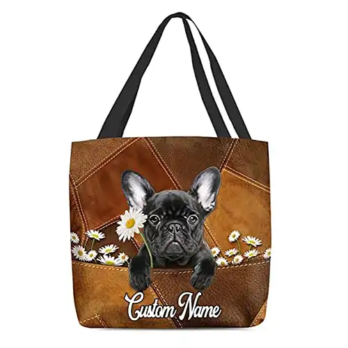 NAZENTI Personalized Dog Tote Bag- French Bull Dog Holding Daisy All Over Printed Tote Bag - Customized Dog Mom Name- Custom Dog Gift for Women, Mother, Grandma, Dog Lover