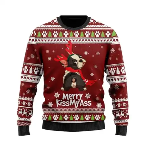 Ugly Christmas Sweaters for Women - Naughty French Bulldog Mens Ugly Sweater Xmas Holiday Crew Neck Sweatshirt Series 23 Size XL